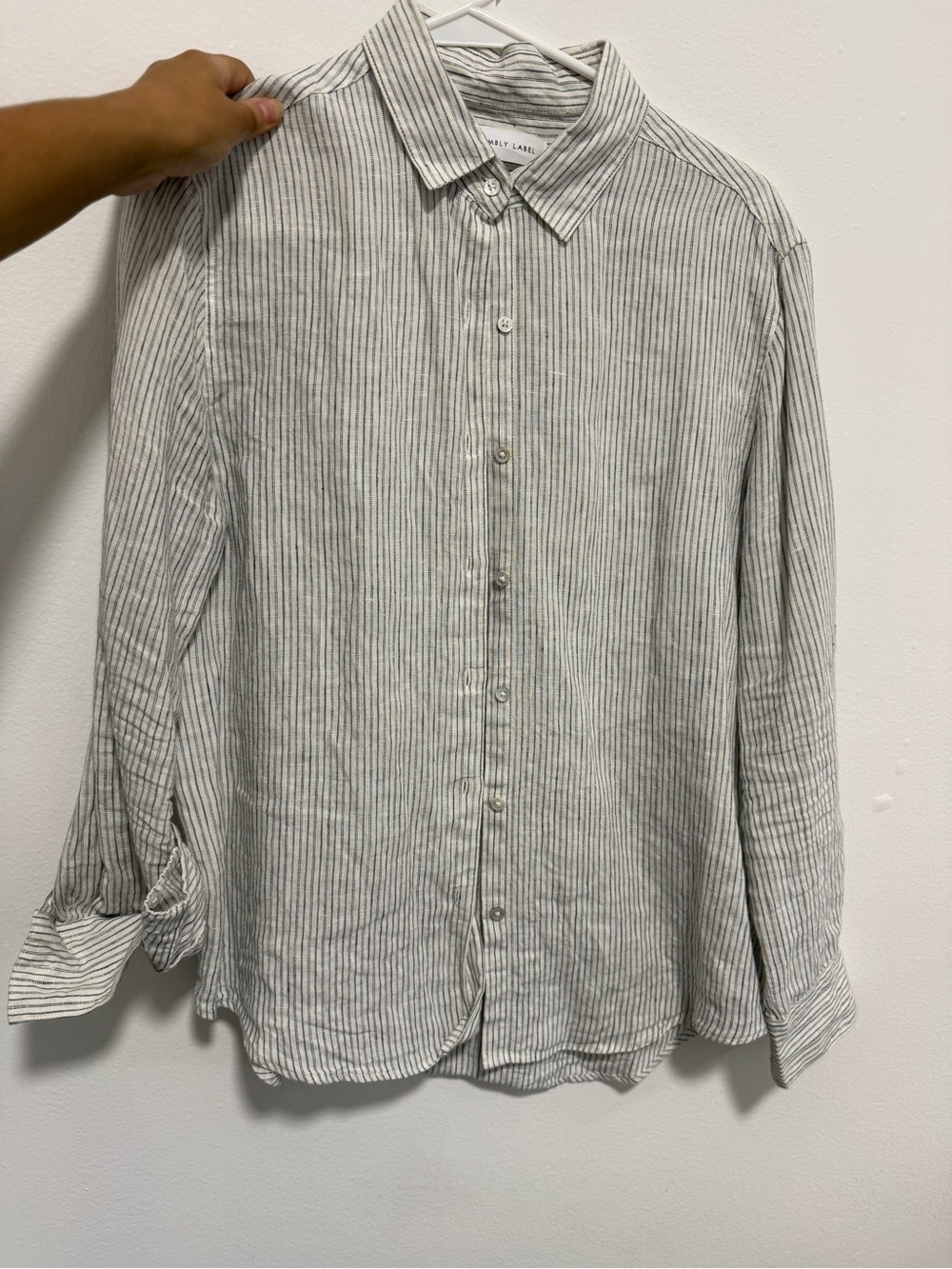 Slim Stripe Linen Button-Up Shirt - White & Blue
